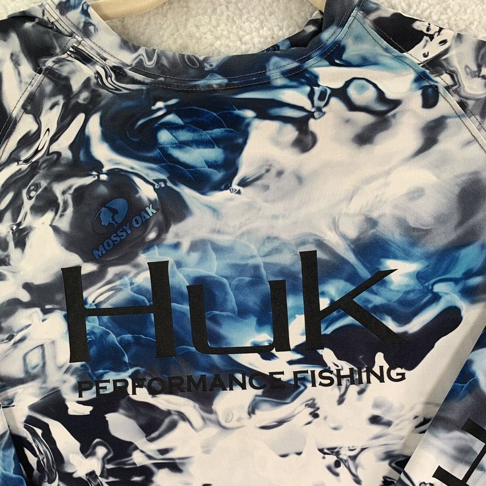 huk fishing‎ shirt S Long Sleeve Blue Gray Pattern Mossy Oak Hydro Polyester